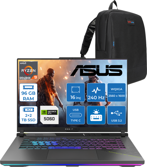 Asus Rog Strix G16 G614PM-S5062 Amd Ryzen 9 8940HX Aı 96GB GB 2tb Ssd+2tb 8GB/RTX5060 Gddr7 115W 16"/ 2.5k (2560 x 1600, Wqxga) 3ms 240Hz, 500 Nits Freedos Gaming Laptop WS5062F46+ZETTAÇANTA - Image 1