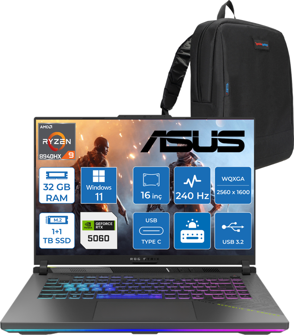 Asus Rog Strix G16 G614PM-S5062 Amd Ryzen 9 8940HX Aı 32GB GB 1tb Ssd+1tb SSD 8GB/RTX5060 Gddr7 115W 16"/ 2.5k (2560 x 1600, Wqxga) 3ms 240Hz, 500 Nits WINDOWS11HOME WS5062H12+ZETTAÇANTA - Image 1