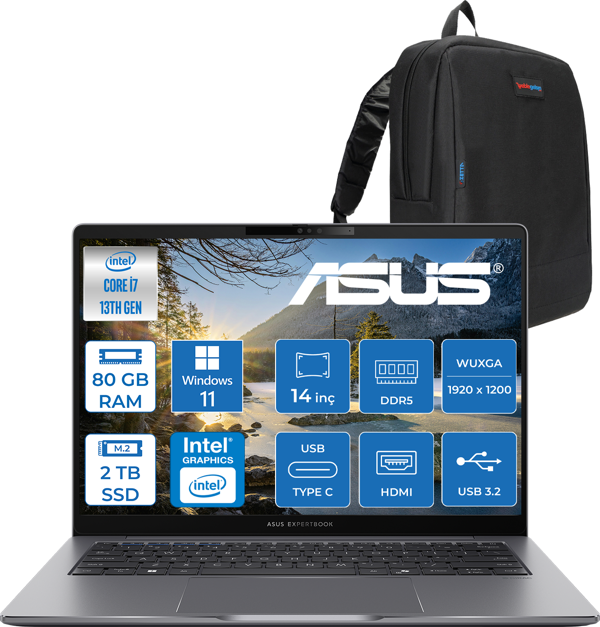 Asus Expertbook P3 P3405CVA Intel Core I7-13620H 80GB Ddr5 2tb SSD Windows 11 Home 14" 300NITS Wuxga Intel UHD Taşınabilir Bilgisayar WP3405CVAH029+ZETTAÇANTA - Image 1