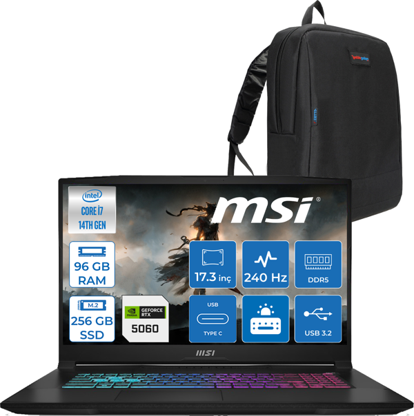Msı Katana 17 Hx B14WFK-215XTR 14. Nesil Intel I7-14650HX 96GB Ddr5 256GB SSD 8GB/RTX5060 115W 17.3" Qhd (2560*1440), 240Hz IPS Freedos Taşınabilir Bilgisayar. W215XTRF26+ZETTAÇANTA - Image 1