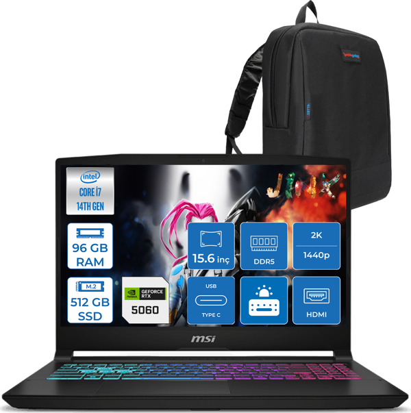 Msı Katana 15 Hx B14WFK-449XTR 14. Nesil Intel İ7-14650HX 96GB Ddr5 512GB SSD 8GB/RTX5060 115W 15.6" Qhd 2560X1440 165Hz IPS Freedos Taşınabilir Bilgisayar. W449XTRF27+ZETTAÇANTA - Image 1