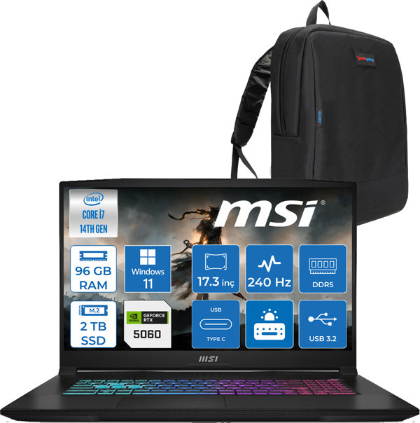 Msı Katana 17 Hx B14WFK-215XTR 14. Nesil Intel I7-14650HX 96GB Ddr5 2tb SSD 8GB/RTX5060 115W 17.3" Qhd (2560*1440), 240Hz IPS Windows 11 Home Taşınabilir Bilgisayar. W215XTRH29+ZETTAÇANTA - Image 1