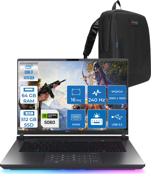 Asus Rog Strix G16 G615JMR-S5049 Intel® Core™ I7 14650HX 64GB 512GB SSD 8GB/RTX5060 Gddr7 115W 16 Inç 2,5k (2560 x 1600, Wqxga) 240Hz 3ms  Freedos Gaming Laptop WS5049F25+ZETTAÇANTA - Image 1