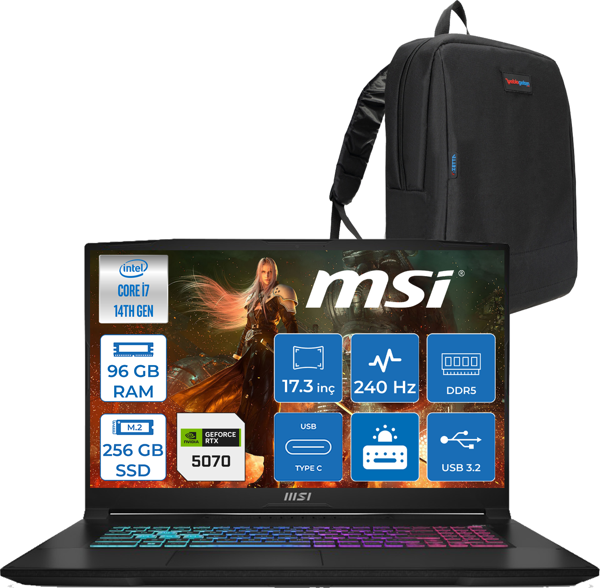 Msı Katana 17 Hx B14WFK-046XTR 14. Nesil Intel I7-14650HX 96GB Ddr5 256GB SSD 8GB/RTX5060 115W 17.3" Qhd (2560*1440), 240Hz IPS Freedos Gaming Bilg. W046XTRF26+ZETTAÇANTA - Image 1