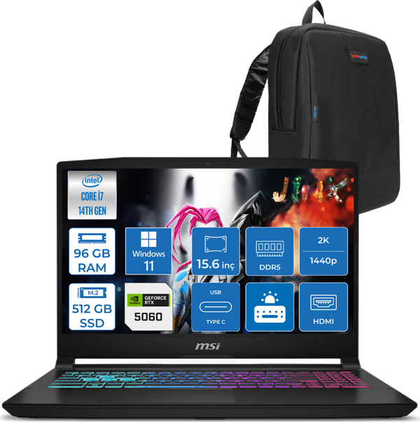Msı Katana 15 Hx B14WFK-449XTR 14. Nesil Intel İ7-14650HX 96GB Ddr5 512GB SSD 8GB/RTX5060 115W 15.6" Qhd 2560X1440 165Hz IPS Windows 11 Pro Taşınabilir Bilgisayar. W449XTRP27+ZETTAÇANTA - Image 1
