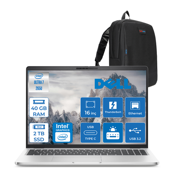 Dell Pro 16 Plus Ultra Core 7 265U 40GB Ddr5 2tb SSD Intel Graphics 16" Fhd+ 300NIT Ubuntu Taşınabilir Bilgisayar U7265U165UF15 + Zettaçanta - Image 1