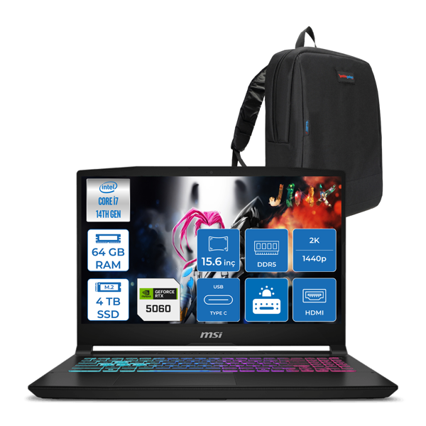 Msı Katana 15 Hx B14WFK-449XTR 14. Nesil Intel İ7-14650HX 64GB Ddr5 4tb SSD 8GB/RTX5060 115W 15.6" Qhd 2560X1440 165Hz IPS Freedos Taşınabilir Bilgisayar. W449XTRF20+ZETTAÇANTA - Image 1