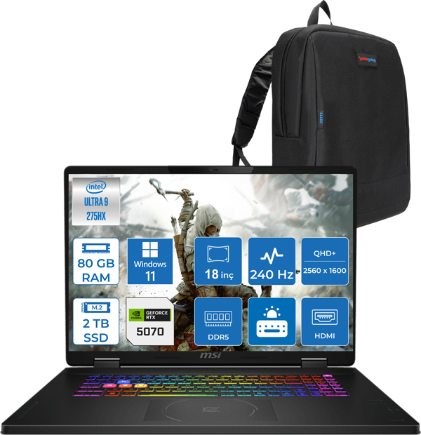 Msı Crosshaır 18 Hx Aı A2XWGKG-032XTR Intel Core Ultra 9-275HX Aı 80GB 2tb SSD 8GB/RTX5070  18"2.5k (2560 x 1600, Wqxga) 240Hz  Windows 11 Home Taşınabilir Bilgisayar W032XTRH37+ZETTAÇANTA - Image 1