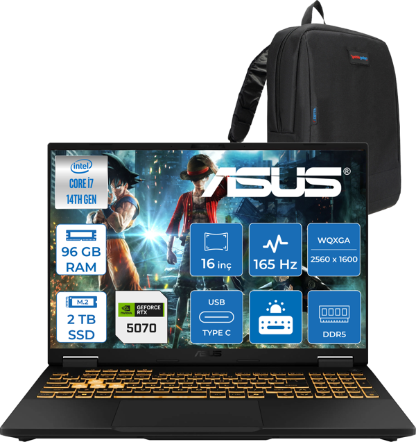 Asus Tuf Gaming F16 FX608JPR 14. Nesil Intel I7-14650HX 96GB Ddr5 2tb SSD 8GB/RTX5070 115W 165Hz 16"wqxga 2.5k 400NITS IPS Freedos Gaming Bilg. WQT070F29+ZETTAÇANTA - Image 1