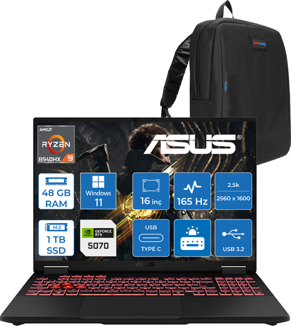 Asus Tuf Gaming A16 FA608PP Amd Ryzen 9 8940HX Aı 48GB Ddr5 1tb SSD 8GB/RTX5070 115W 165Hz 16"wqxga 2.5k 400NITS IPS Windows 11 Pro Gaming Bilg. WQT060P13+ZETTAÇANTA - Image 1