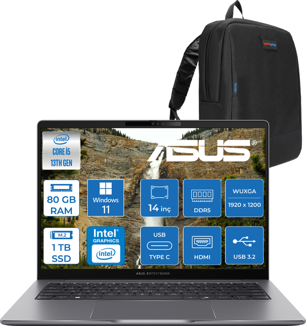 Asus Expertbook P3 P3405CVA Intel Core I5-13420H 80GB Ddr5 1tb SSD Windows 11 Home 14" 300NITS Wuxga Intel UHD Taşınabilir Bilgisayar WP3405CVAH028+ZETTAÇANTA - Image 1