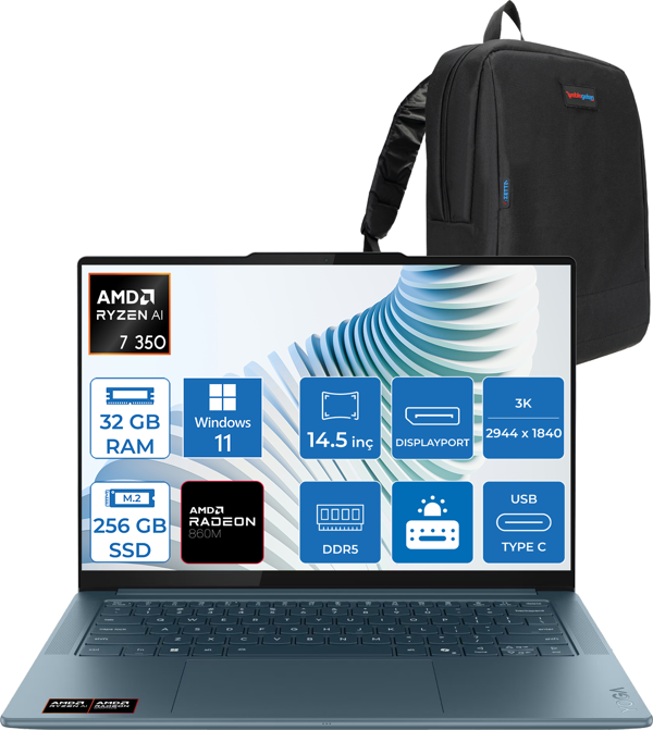 Lenovo Yoga Pro 7 14AKP10  Amd Ryzen Aı 7 350 32GB Ram 256GB SSD 14.5" 3k (2944X1840) OLED 1000NITS WIN11PRO Taşınabilir Bilgisayar YG83KG000GTRP01+ZETTAÇANTA - Image 1