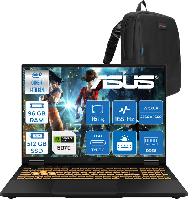 Asus Tuf Gaming F16 FX608JPR 14. Nesil Intel I7-14650HX 96GB Ddr5 512GB SSD 8GB/RTX5070 115W 165Hz 16"wqxga 2.5k 400NITS IPS Freedos Gaming Bilg. WQT070F27+ZETTAÇANTA - Image 1