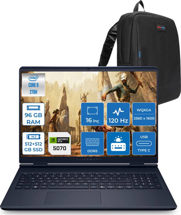 Dell Alienware 16 Aurora Intel Core I9-270H Aı 96GB GB 512GB SSD+512GB SSD 8GB/RTX5070 Gddr7 115W 16" 2.5k 2560 x 1600 Wqxga 120Hz  Freedos Gaming Laptop WAC16250-C932157F42+ZETTAÇANTA - Image 1