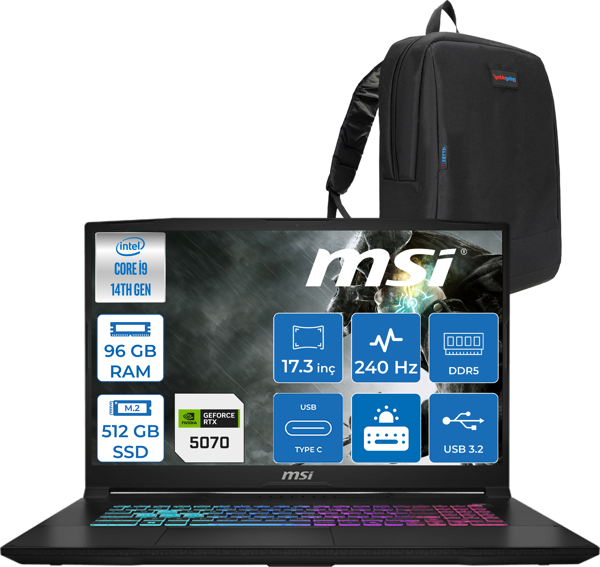 Msı Katana 17 Hx B14WGK-048XTR 14. Nesil Intel İ9-14900HX 96GB Ddr5 512GB SSD 8GB/RTX5070 115W 17.3" Qhd (2560*1440), 240Hz IPS Freedos Gaming Bilg. W048XTRF27+ZETTAÇANTA - Image 1