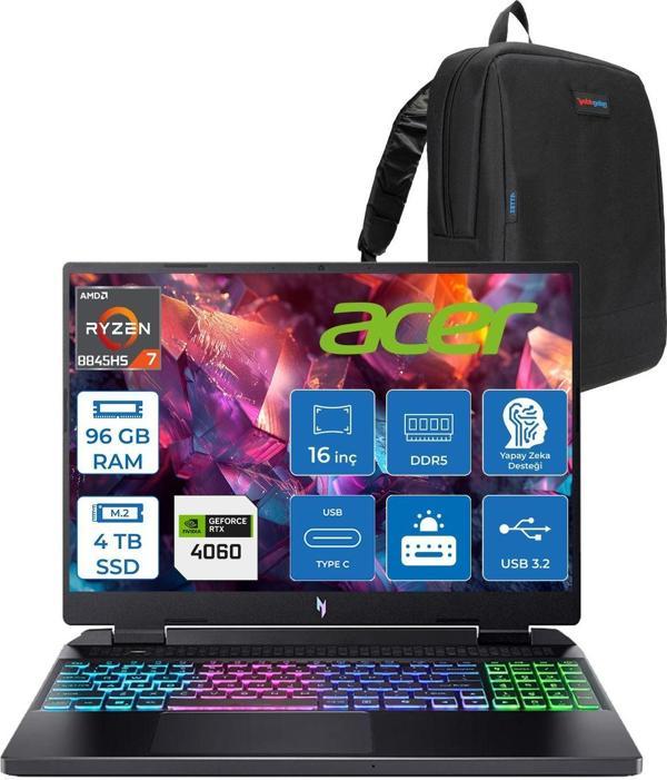 Acer Nitro 16 AN16-42 Amd R7 8845HS Aı 96GB Ddr5 4tb SSD 8GB/RTX4060 140W 16" Wuxga 180Hz IPS Freedos Taşınabilir Bilgisayar NHQSKEY004F30+ZETTAÇANTA - Image 1