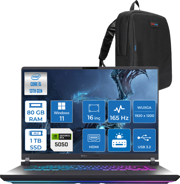 Asus Rog Strix G16 G615JH-RV053 Intel Core I5-13450HX 80GB 1tb SSD 8GB/RTX5050 Gddr7 115W 16" Wuxga 165Hz 3ms IPS WINDOWS11HOME Gaming Laptop WRX053H35+ZETTAÇANTA - Image 1