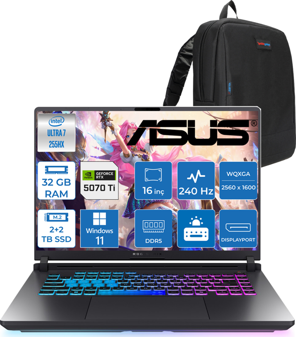 Asus Rog Strix G16 G615LR  Intel Ultra 7 255HX Aı 32GB GB 2tb Ssd+2tb SSD 12GB/RTX5070Tİ Gddr7 140W 16" 2.5k 2560 x 1600 Wqxga 240Hz 3ms 500NITS  WIN11HOME Gaming Laptop ZS5212H14+ZETTAÇANTA - Image 1