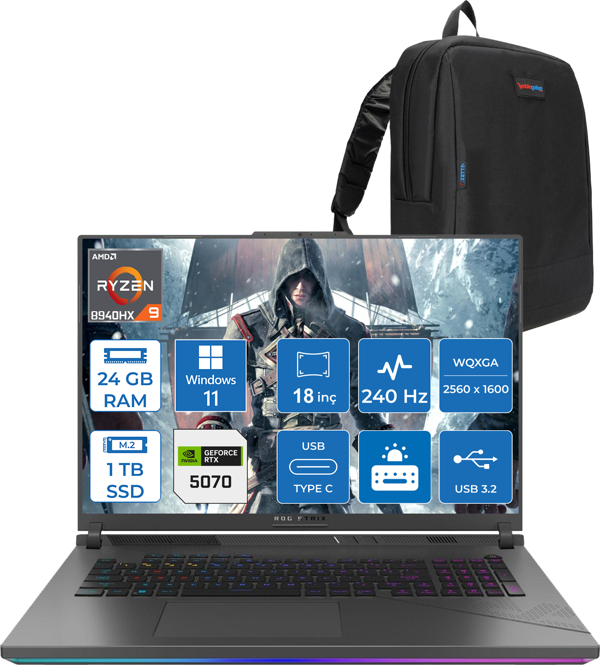 Asus Rog Strix G18 G814PP Amd Ryzen 9 8940HX Aı 24GB 1tb SSD 8GB/RTX5070 Gddr7 115W 18"2.5k (2560 x 1600, Wqxga) 240Hz 3ms  Windows 11 Pro Taşınabilir Bilgisayar WS9046P03+ZETTAÇANTA - Image 1