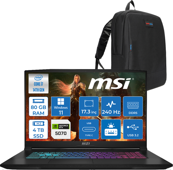 Msı Katana 17 Hx B14WFK-046XTR 14. Nesil Intel I7-14650HX 80GB Ddr5 4tb SSD 8GB/RTX5060 115W 17.3" Qhd (2560*1440), 240Hz IPS Windows 11 Home Gaming Bilg. W046XTRH25+ZETTAÇANTA - Image 1