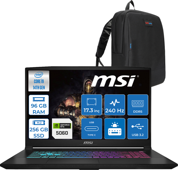 Msı Katana 17 Hx B14WFK-217TR 14. Nesil Intel İ9-14900HX 96GB Ddr5 256GB SSD 8GB/RTX5060 115W 17.3" Qhd (2560*1440), 240Hz IPS Freedos Taşınabilir Bilgisayar. W217TRF26+ZETTAÇANTA - Image 1