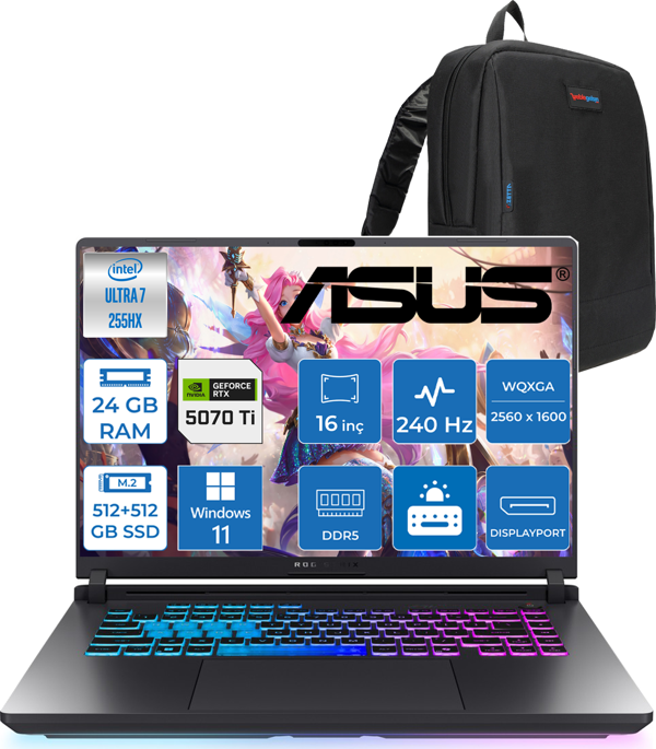 Asus Rog Strix G16 G615LR  Intel Ultra 7 255HX Aı 96GB GB 512GB SSD+512GB SSD 12GB/RTX5070Tİ Gddr7 140W 16" 2.5k 2560 x 1600 Wqxga 240Hz 3ms 500NITS  WIN11HOME Gaming Laptop ZS5212H42+ZETTAÇANTA - Image 1