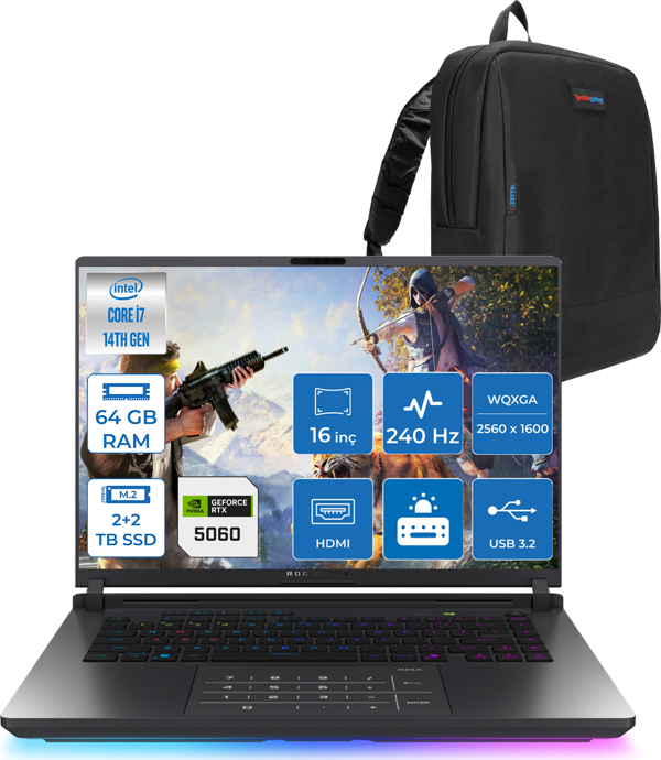 Asus Rog Strix G16 G615JMR-S5049 Intel® Core™ I7 14650HX 64GB 2tb Ssd+2tb SSD 8GB/RTX5060 Gddr7 115W 16 Inç 2,5k (2560 x 1600, Wqxga) 240Hz 3ms  Freedos Gaming Laptop WS5049F30+ZETTAÇANTA - Image 1