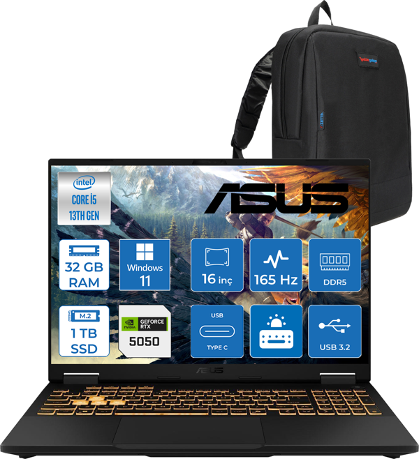 Asus Tuf Gaming F16 FX608JH 13.nesil Intel İ5-13450HX 32GB Ddr5 1tb SSD 8GB/RTX5050 115W 165Hz 16"wuxga Fhd+ 300NITS IPS WIN11HOME Gaming Bilg. WRV082H08+ZETTAÇANTA - Image 1