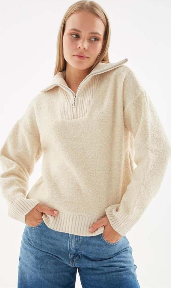 Fashion Friends Yakası Fermuarlı Sweat Bej - Image 1