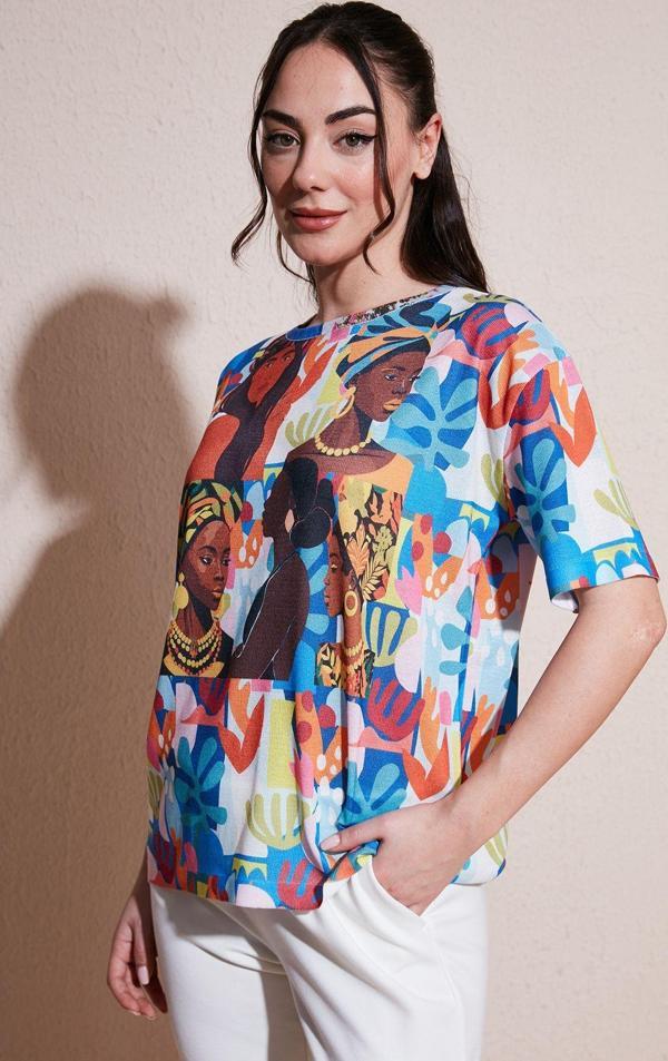 Fashion Friends Desenli Pamuklu Relaxed Fit Bluz Bluz 24Y0927K1 - Image 1