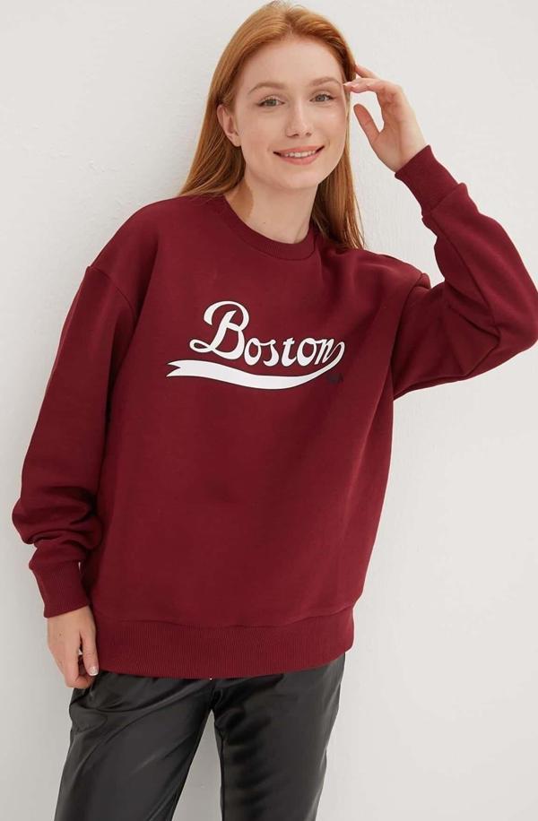 Fashion Friends Bisiklet Yaka Baskılı Sweat Bordo - Image 1