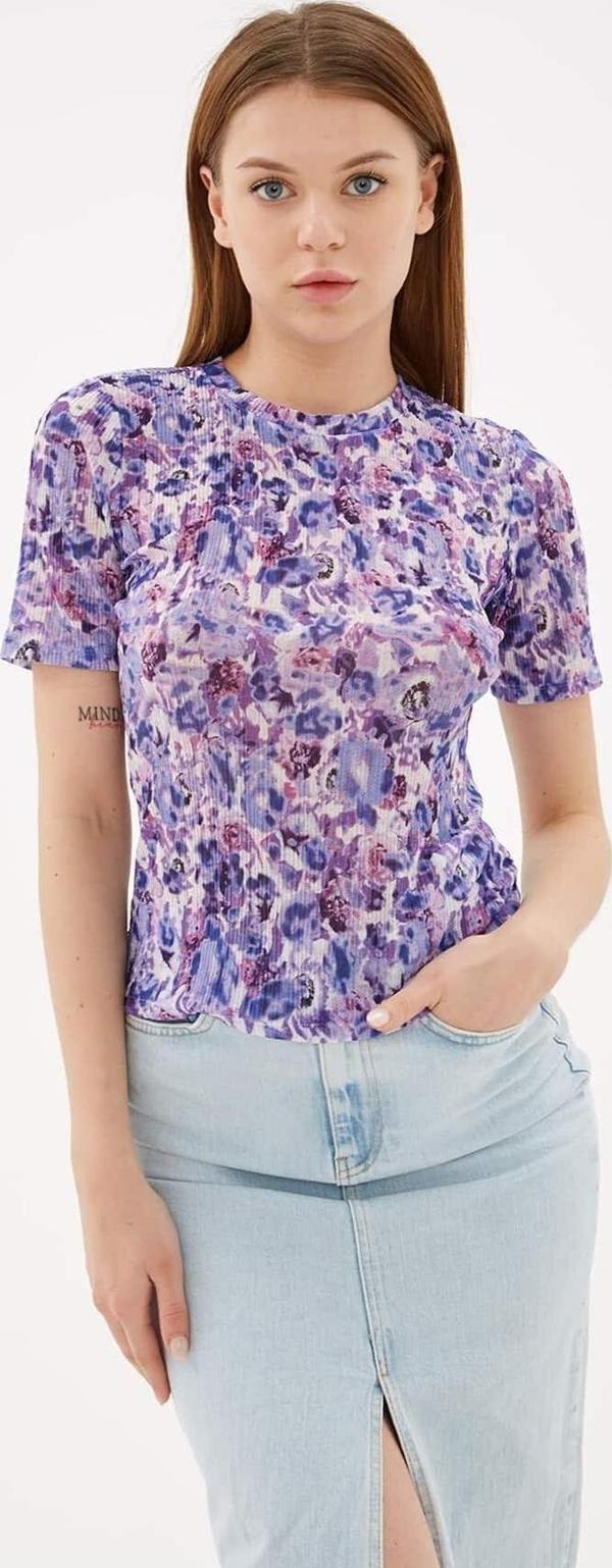 Fashion Friends Desenli Kısa Kollu Bluz Mor - Image 1
