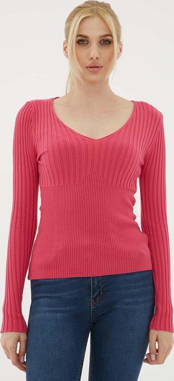 Fashion Friends V Yaka Bluz Fuşya - Image 1