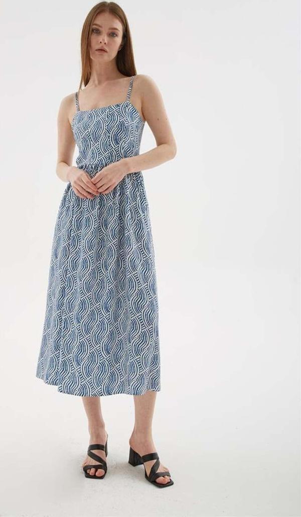 Fashion Friends Askılı Desenli Viskon Elbise Mavi - Image 1