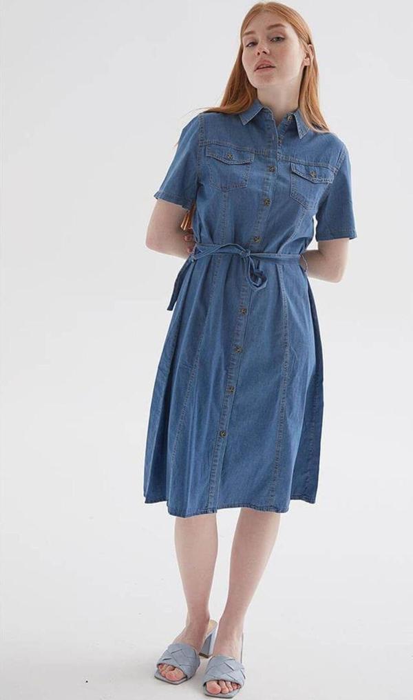 Fashion Friends Kısa Kollu Kemerli Midi Denim Elbise Elbise 24Y0108K1 - Image 1