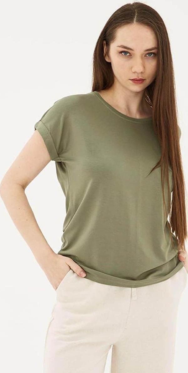 Fashion Friends Bisiklet Yaka Dökümlü Viskon Haki Kadın T-Shirt 25Y0194K1 - Image 1