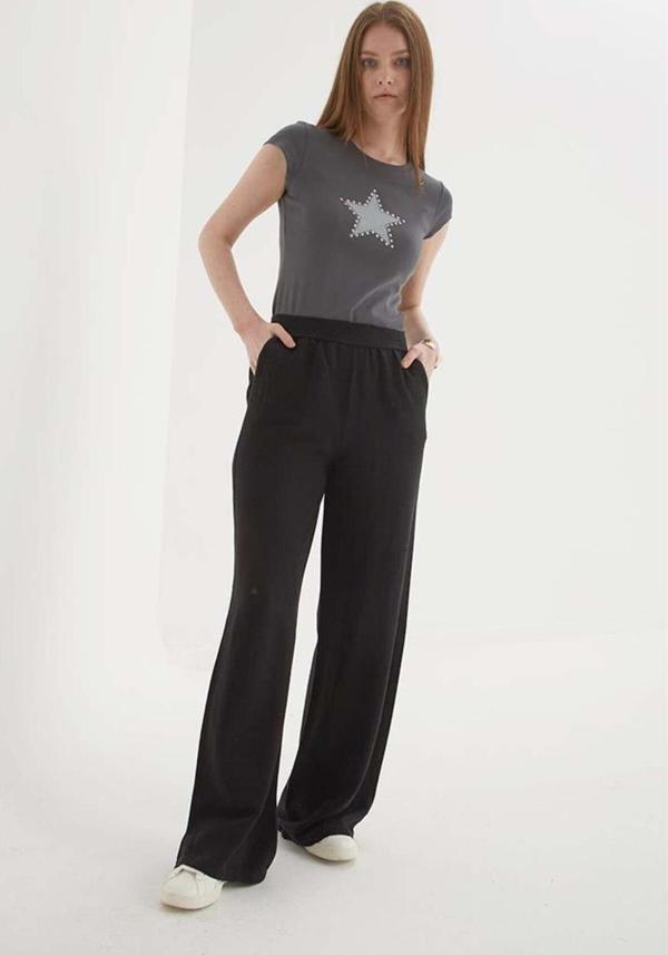 Fashion Friends Beli Lastikli Geniş Paça Keten Pantolon Siyah - Image 1