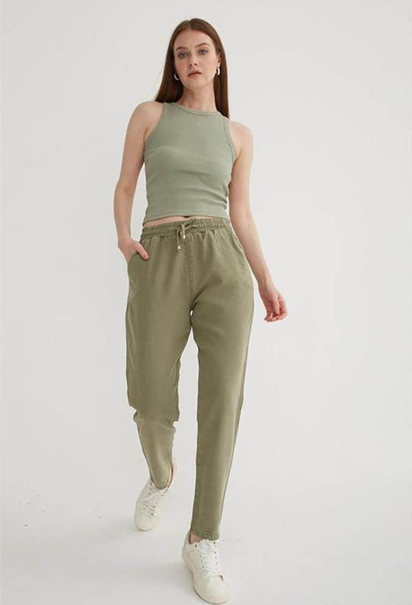 Fashion Friends Rahat Esnek Beli Bağlamalı Pantolon Haki - Image 1