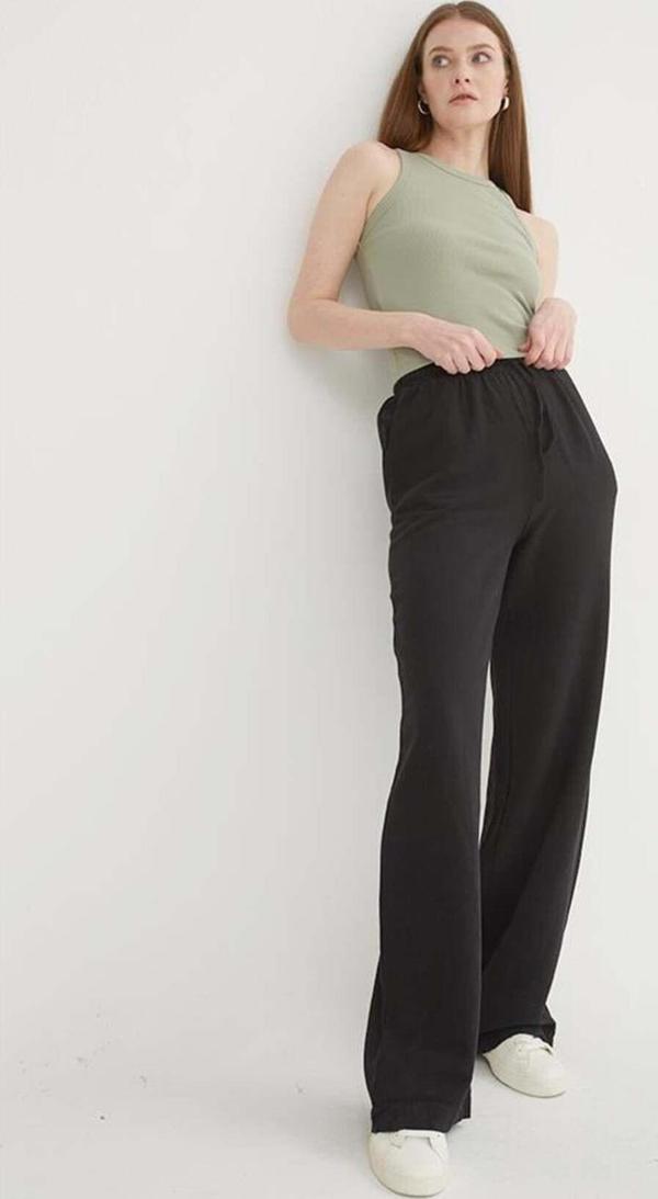 Fashion Friends Yüksel Bel Geniş Paça Keten Pantolon Siyah - Image 1