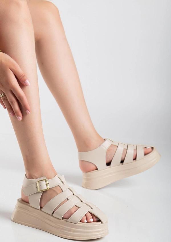 Toten Bej Cilt Kemerli Sandalet - Image 1