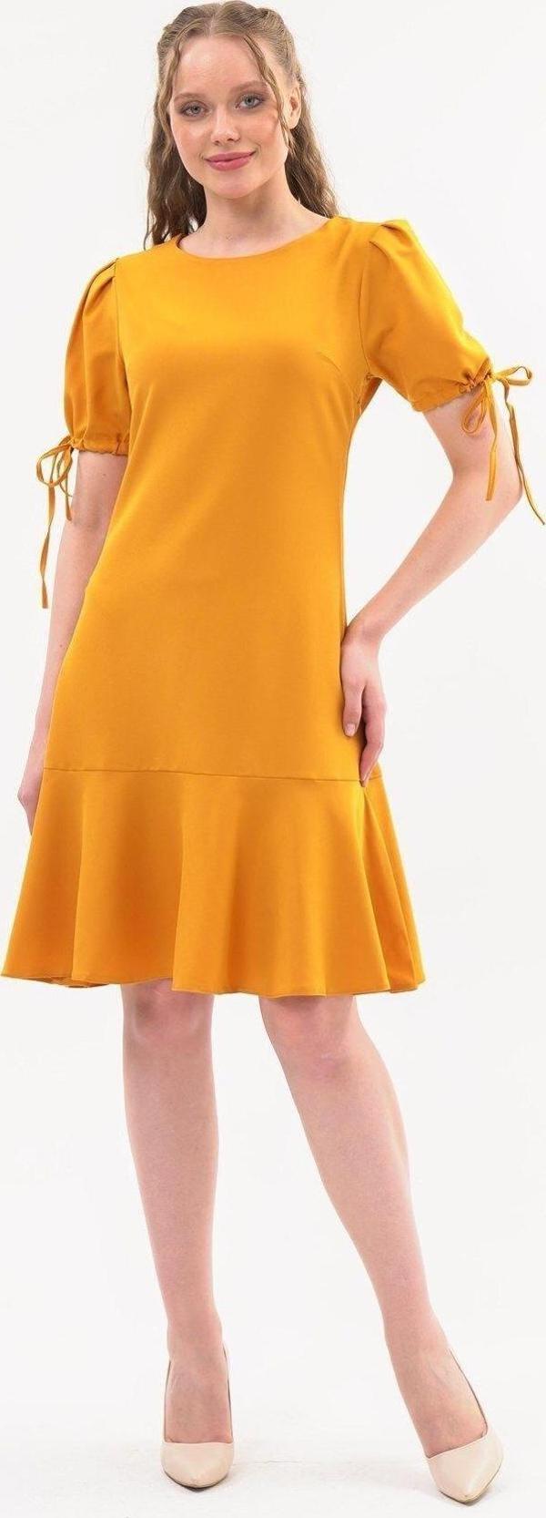 Kadın Pileli kol Bağlama Detaylı Volanlı Midi Boy Elbise 3812 100 - Image 1