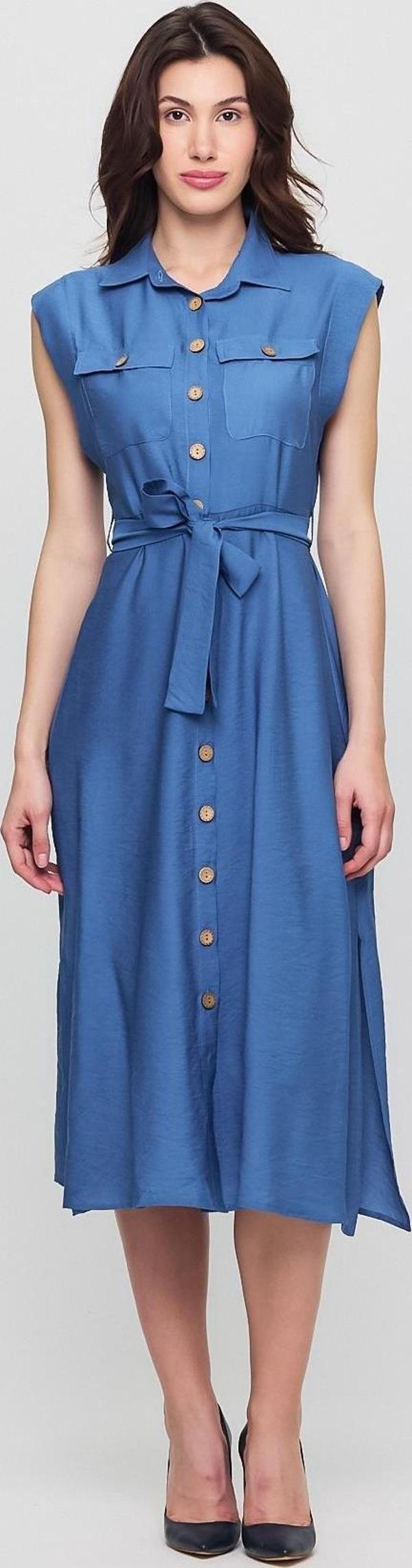Apsen Kadın İndigo Kuşaklı Cep Detaylı Düğmeli Kolsuz Yandan Yırtmaçlı Aerobin Gömlek Yaka Elbise 4505/120 - Image 1
