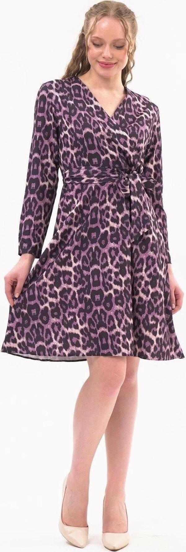 Kadın Kruvaze Yaka Bağlama Detaylı Leopar Desenli Mevsimlik Midi Elbise 4358/100 - Image 1