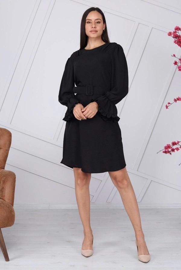 Kadın Kemer Detaylı Volan Kol Midi Elbise 4078/100 - Image 1