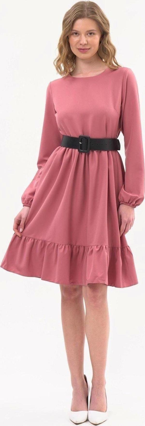 Kadın Pembe Eteği Fırfırlı Bisiklet Yaka Kemer Detaylı Elbise 4345/100 - Image 1