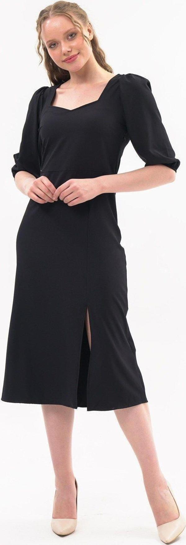 Kadın Yırtmaç Detaylı Beşgen Yaka Midi Krep Elbise 4444/120 - Image 1