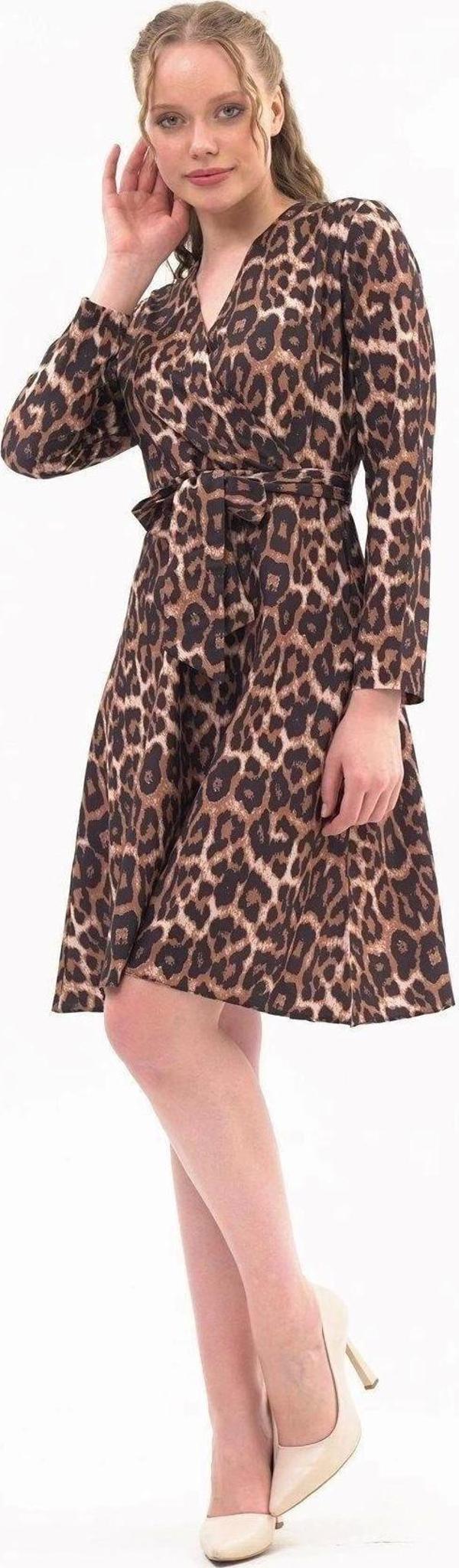 Kadın Kruvaze Yaka Bağlama Detaylı Leopar Desenli Mevsimlik Midi Elbise 4358/100 - Image 1