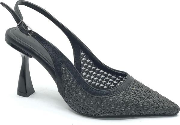 Feles Hasır Detaylı Arkası Açık Stiletto Kadın Topuklu Ayakkabı - Image 1