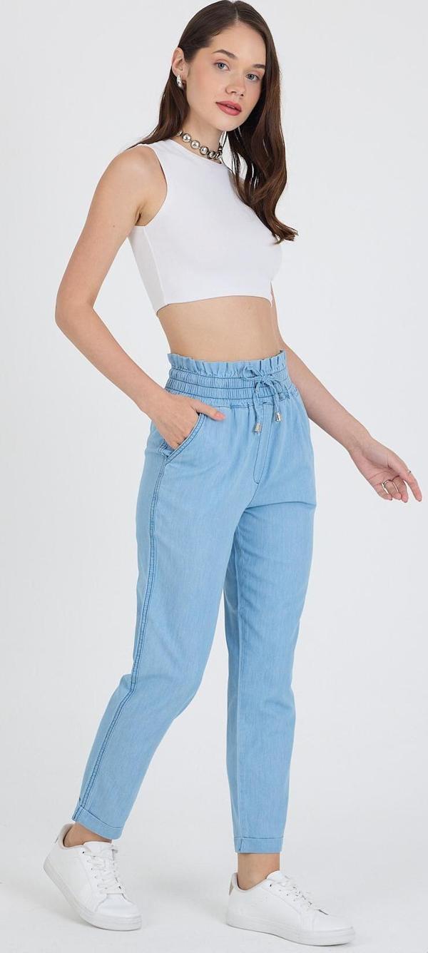 Beli Lastikli Duble Paça Bağcıklı %100 Pamuk Kot Kadın Pantolon 5011 - Image 1
