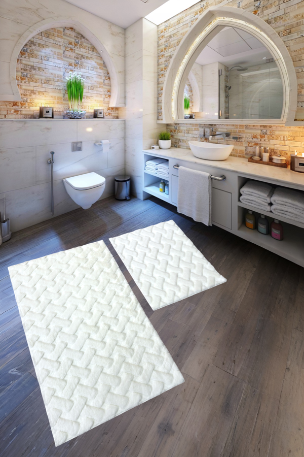 Desenli Tavşan Tüyü Yumuşak 2’li Banyo Paspası – Kaymaz Tabanlı Klozet Takımı Krem - Image 1